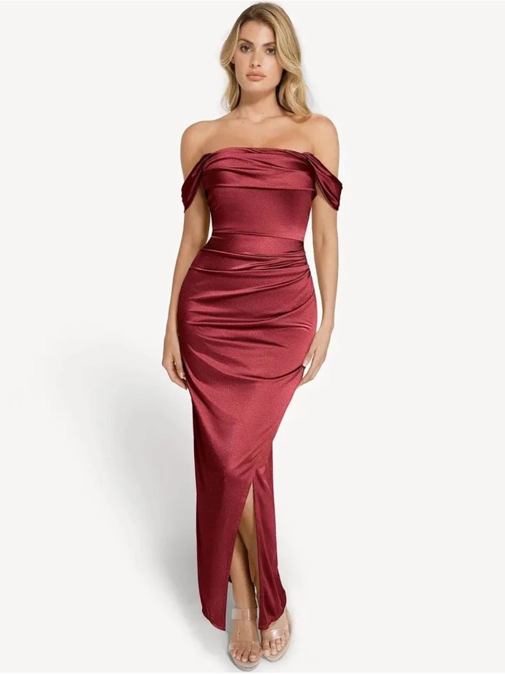 Popilush Strapless Velvet Ruched Sculpting Corset Gown Red Medium
